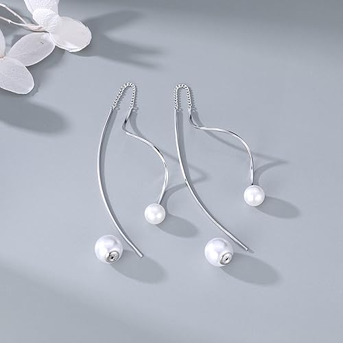 Miniatura 6 de SLUYNZ Sterling Silver Pearls Dangle Earrings Curve Chain for Women Girls Pearls Threader Wedding Earrings for Brides
