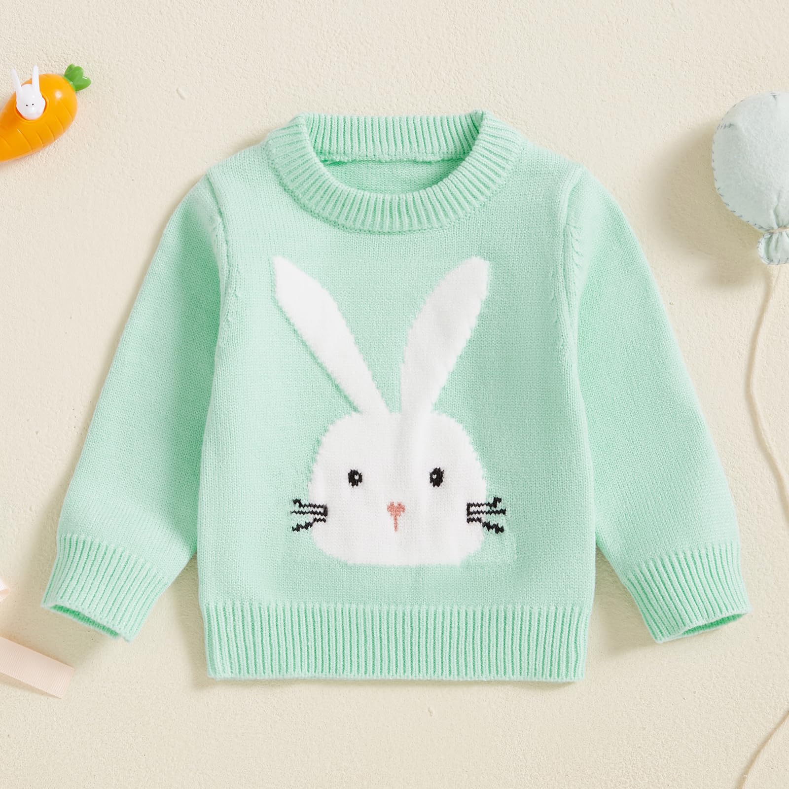 Toddler Baby Girl Easter Outfits Bunny Pattern Long Sleeve Round Neck Ribbed Knit Jumper Sweaters Tops Kids Clothes (Green, 12-18 Months)