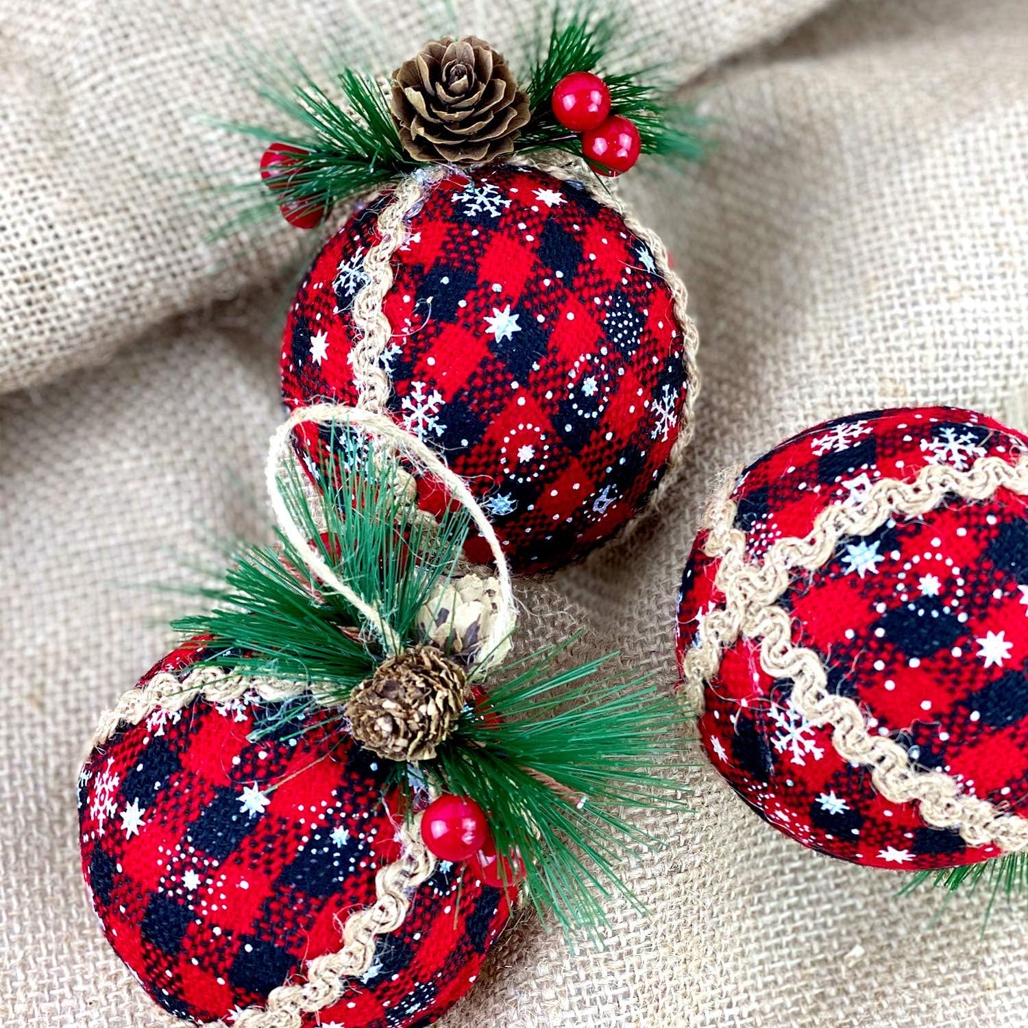 Weihnachtskugeln 24 Stück Weihnachtskugel-Ornamente Aus Stoff Mit Tannenzapfen Und Grün, Weihnachtsbaum-Hängekugel, Festliche Dekorationen Weihnachtsdeko,Christbaumkugel(A,2.36 inch)