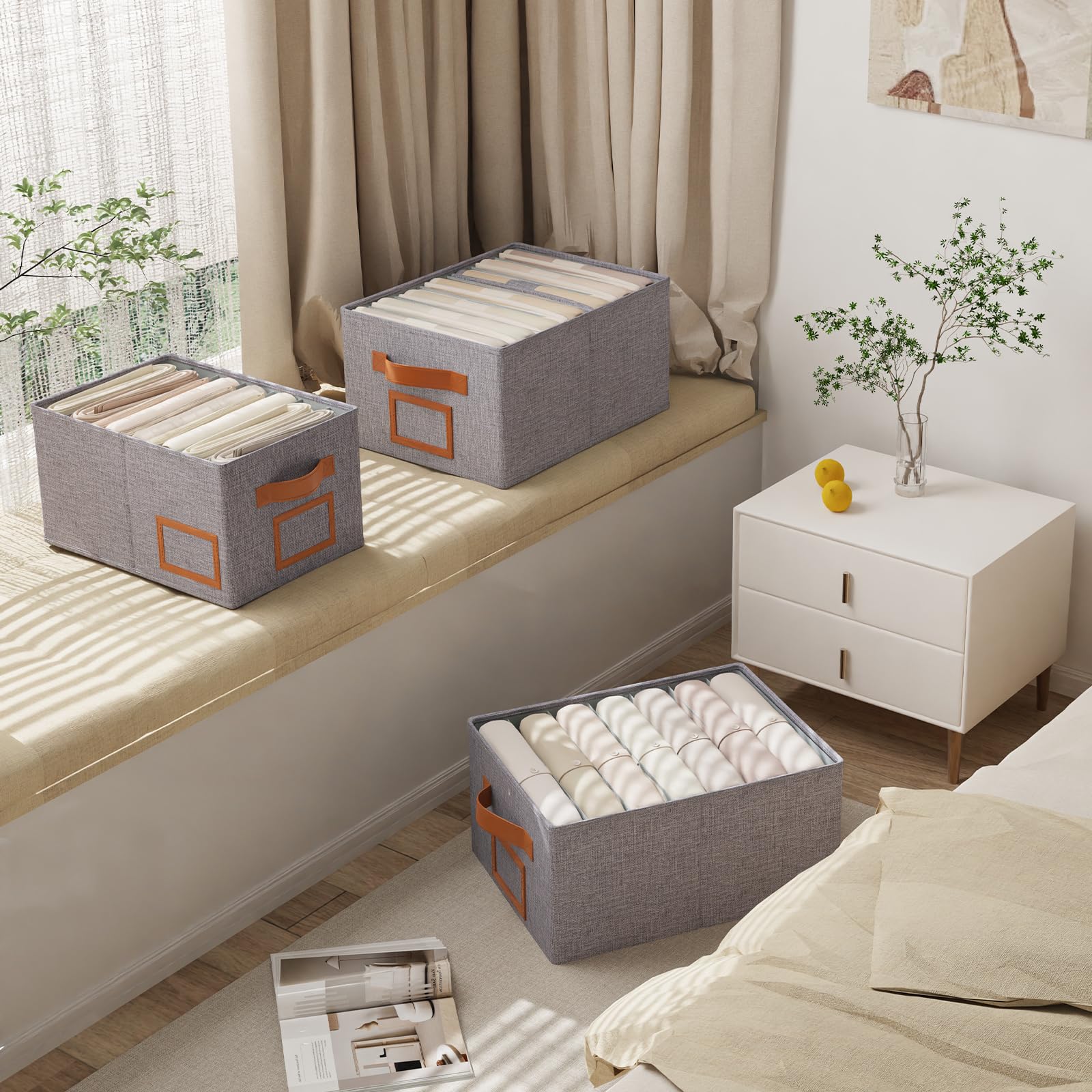 OUTBROS 3 Piezas Cajas Almacenamiento Plegables para Ropa, Cubos Armario 7 Rejillas, Organizador Cajones Gris
