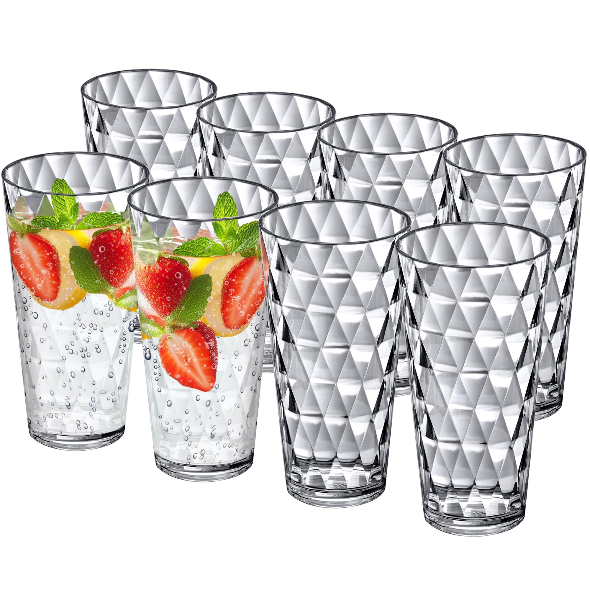 Amazing AbbyTwinkly - 20-Ounce Plastic Tumblers (Set of 8), Plastic Drinking Glasses, All-Clear Reusable Acrylic Cups, Stackable, BPA-Free, Shatter-Proof, Dishwasher-Safe