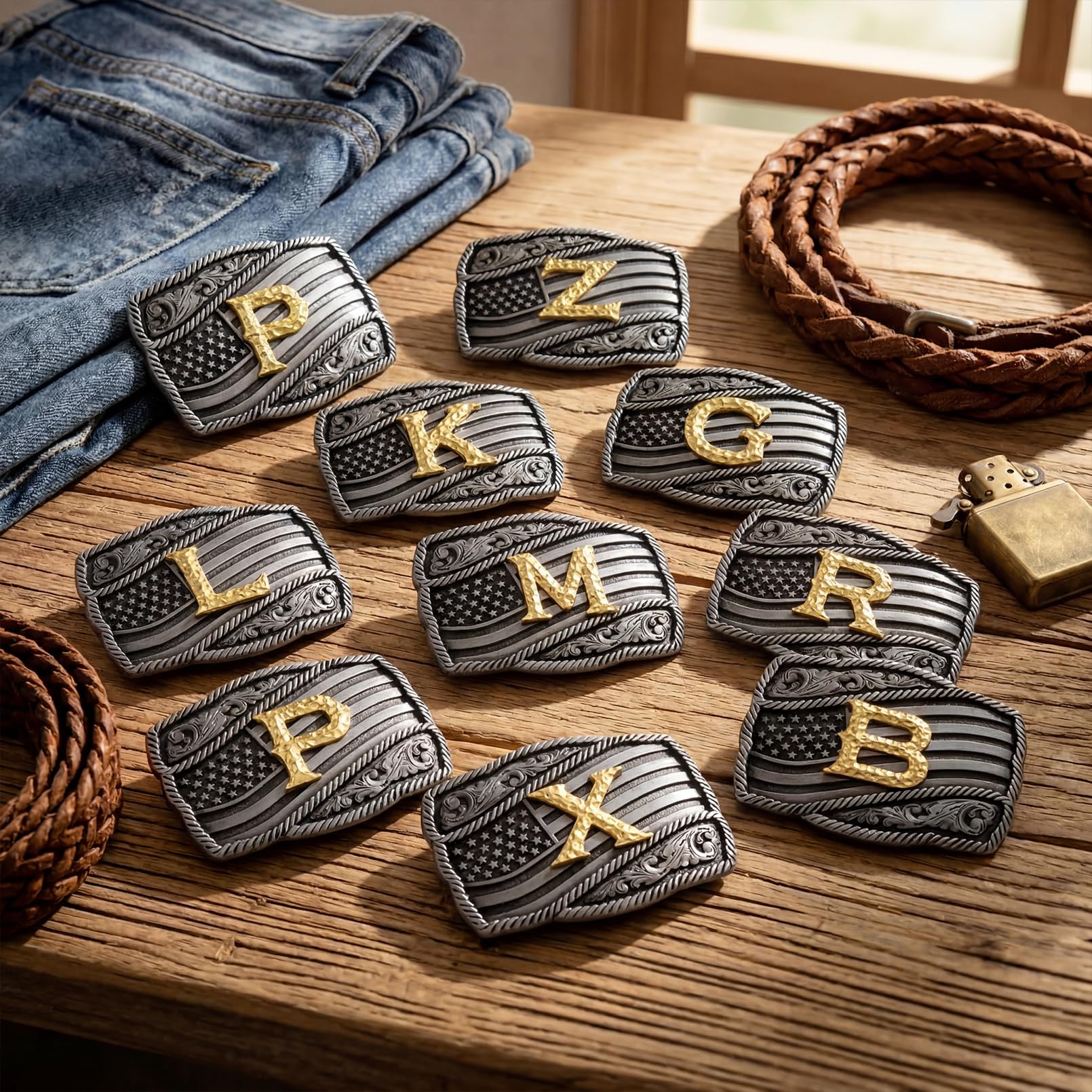 Western Cowboy iniziale lettere A-Z bandiera americana fibbia cintura per uomo festa del papà fidanzato marito