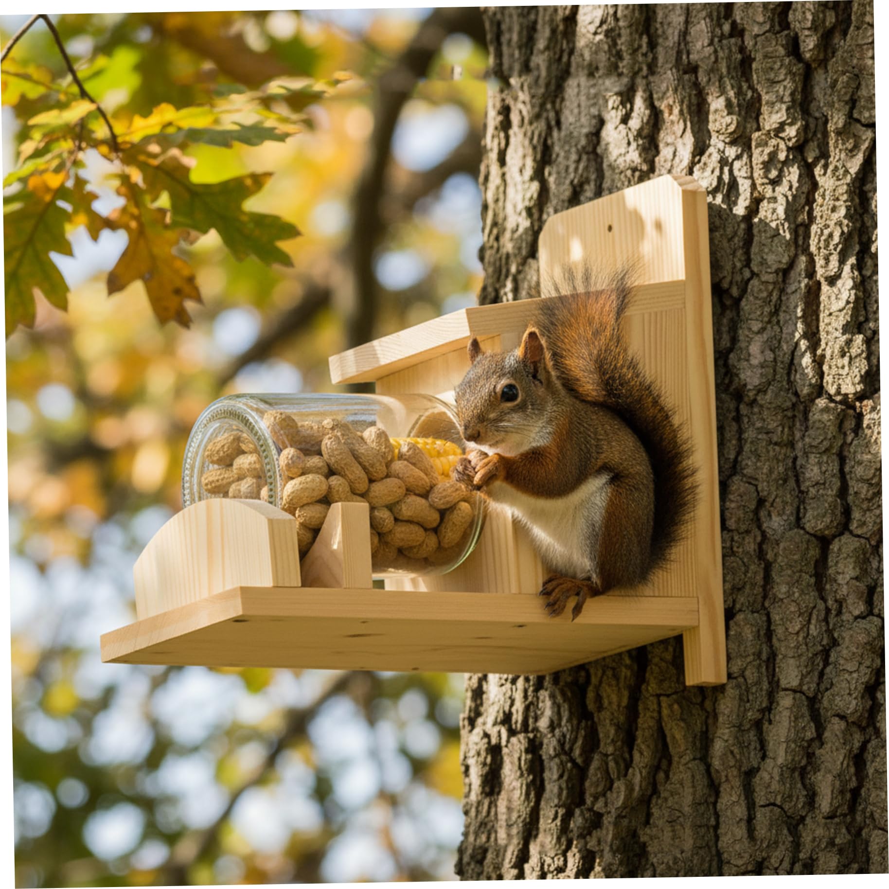 Eichhörnchen-Futterspender für draußen, Holz-Eichhörnchen-Box mit durchsichtigem Vorratsglas, wetterfester Nussriegel, Streifenhörnchen-Futterspender für Holzdeck, Baum, Zaun, 26, 7 x 14 x 14 cm