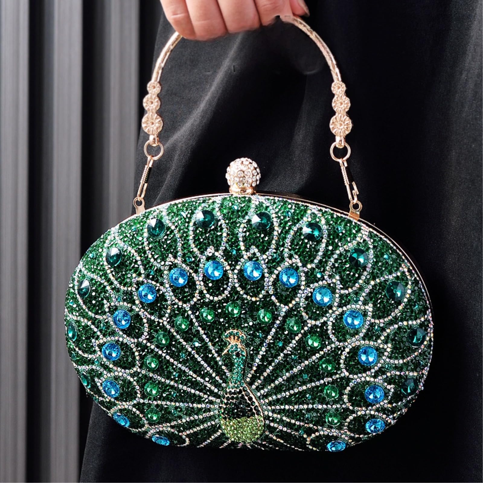 LKSCY Damskie kryształowe ozdobione kopertówką wieczorową: Peacock Design Hard Case Torebka z zapięciem kulkowym z kryształu górskiego i metalowym uchwytem