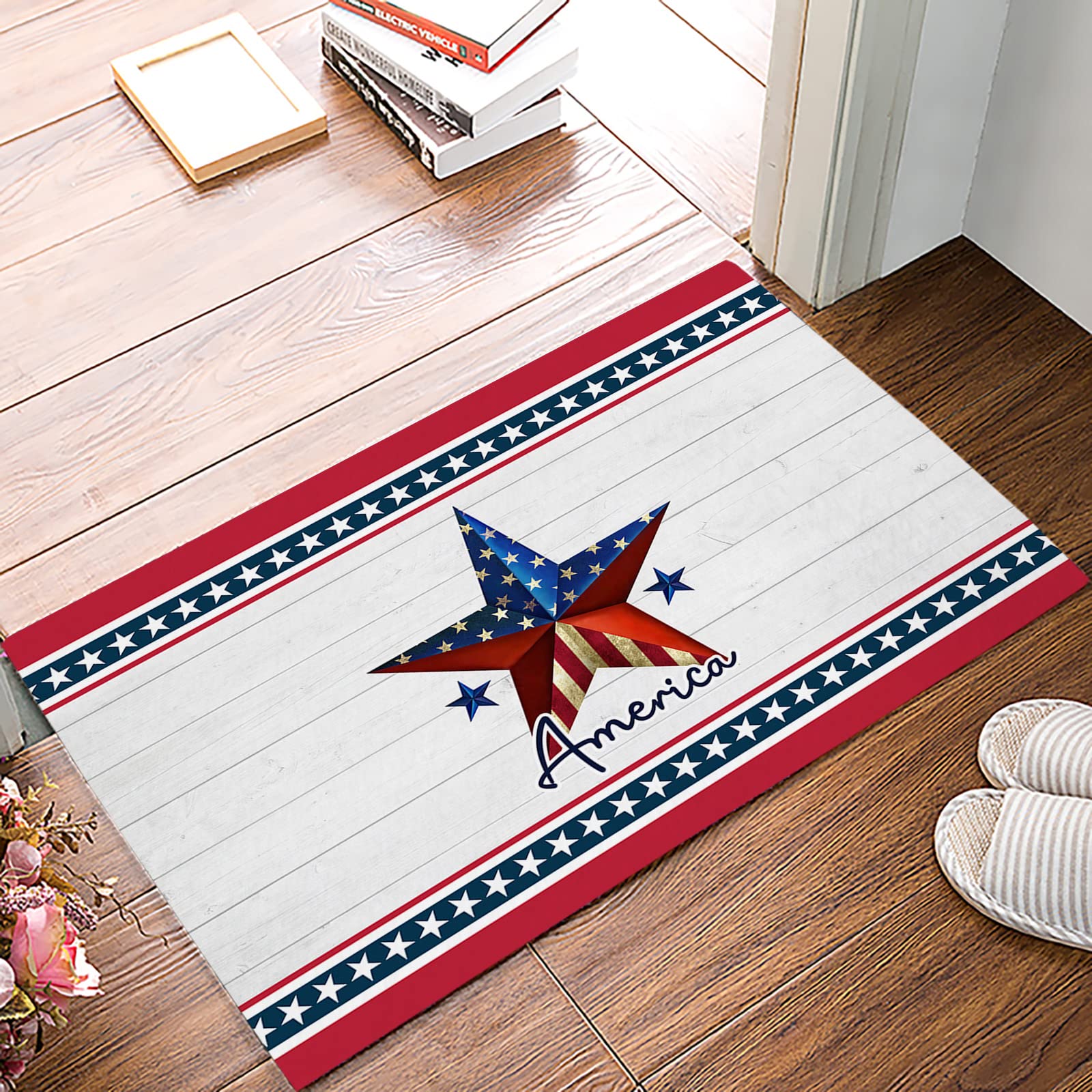 America Door Mat Indoor Doormat Bath Rugs Non Slip, Washable Cover Floor Rug Absorbent Carpets Floor Mat Home Decor for Kitchen Independence Day USA Flag Star16 x24