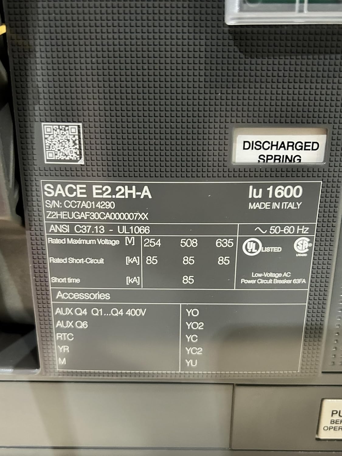 Close-up of the product label on the ABB SACE EMAX2 E2.2 H 1600 Air Circuit Breaker, showing model SACE E2.2H-A, serial number, ratings, and UL Listed certification.
