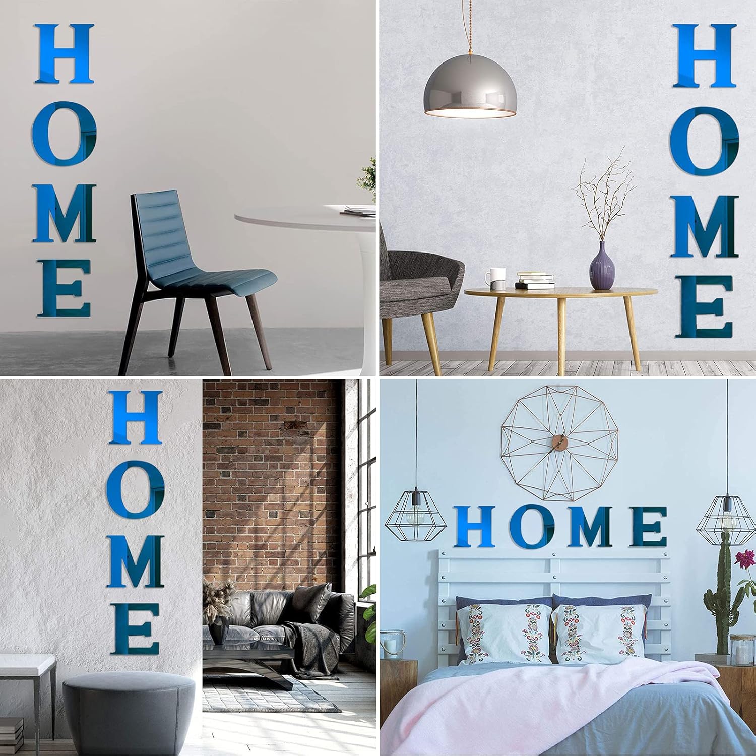 CREATCABIN 4Pcs Acrylic Mirror Home Sign Letters 3D Wall Sticker Wall Art Decals Decor Self Adhesive Removable Eco-Friendly for Home Kitchen Bedroom Living Room Bathroom Decoration Blue