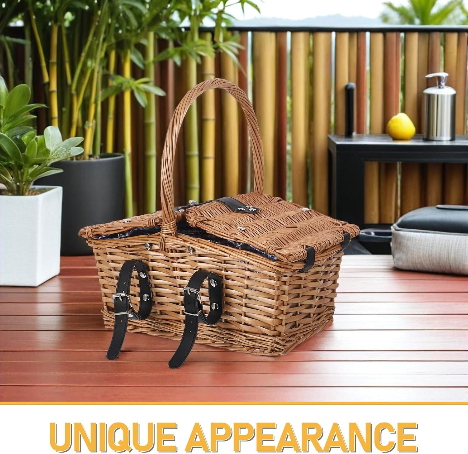 Handwoven Willow Picnic Basket with Lid and Handles, Small Wicker Rattan Hamper for Outdoor Picnic, Gardening, Wedding Flower Storage, Rustic Lined Food Basket