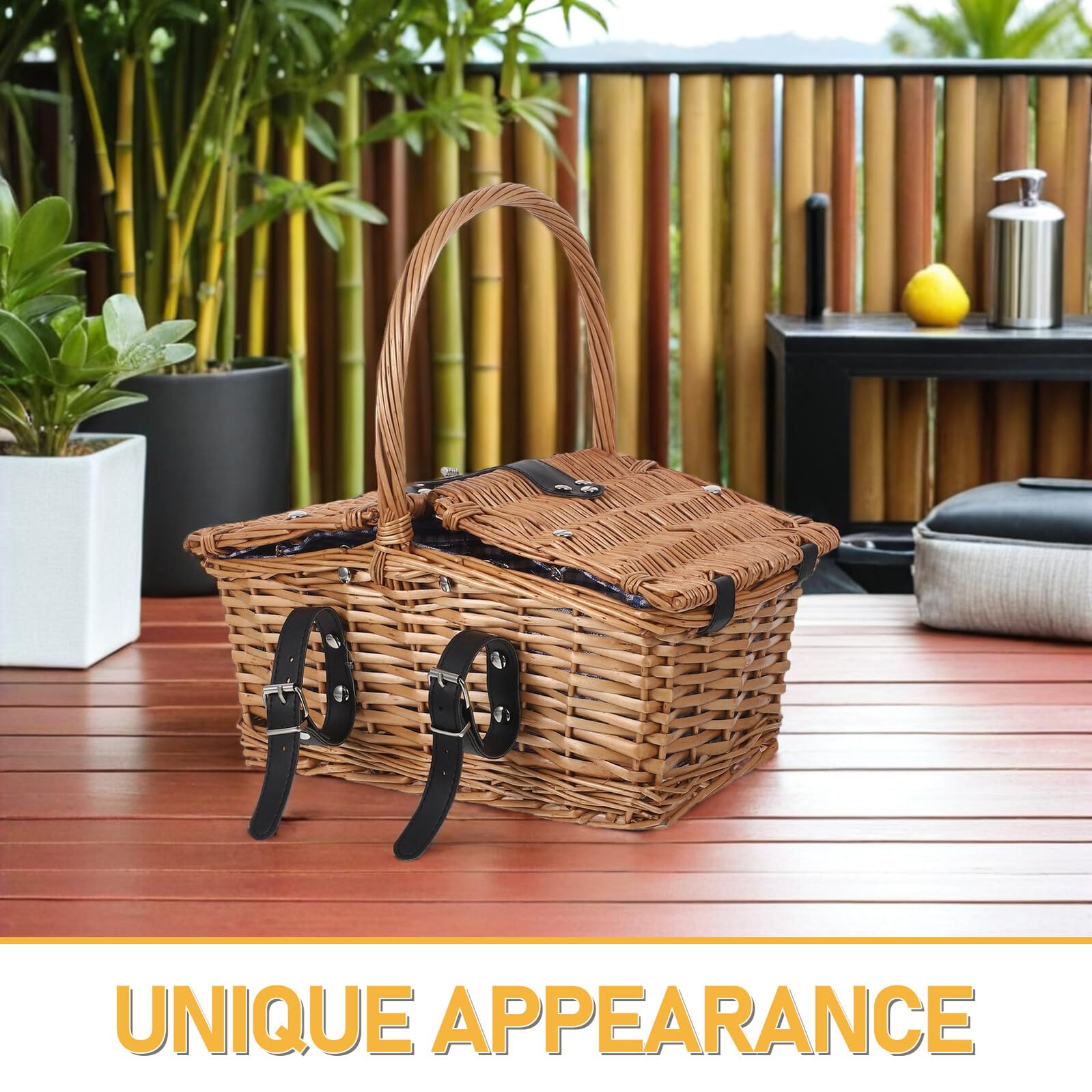 Housoutil Cestino da Picnic Intrecciato a Mano in Salice e Rattan con Doppio Coperchio e Manico Piccolo Cestino Portaoggetti e Alimenti per Picnic All’Aperto Feste in Giardino e Gite