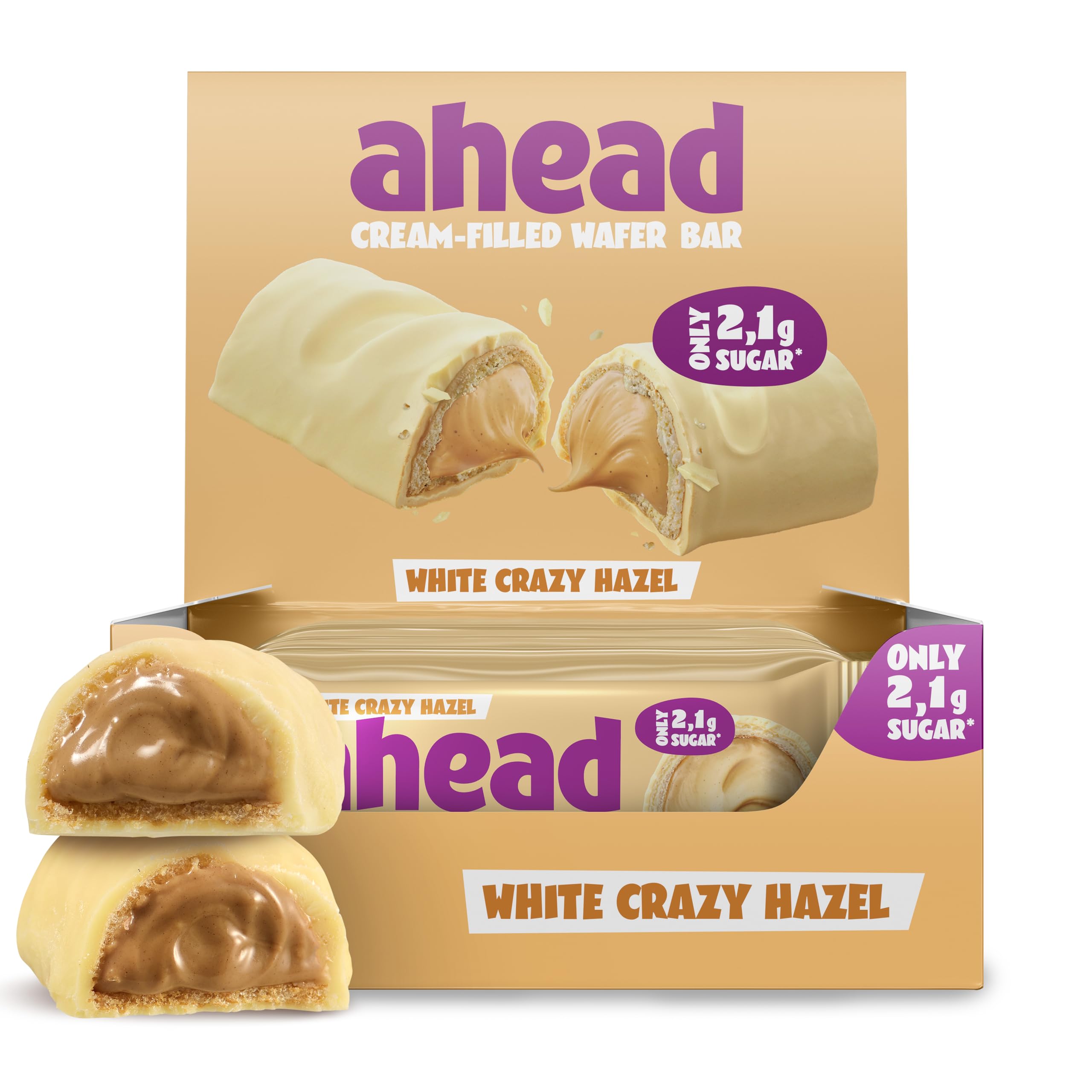 Ahead Waffelriegel White Crazy Hazel 12 x 30g | Knusprige Waffel mit Haselnuss-Cremefüllung | umhüllt von weißer Schokolade | Schokolade ohne Zuckerzusatz | nur 2,4 g Zucker pro Riegel