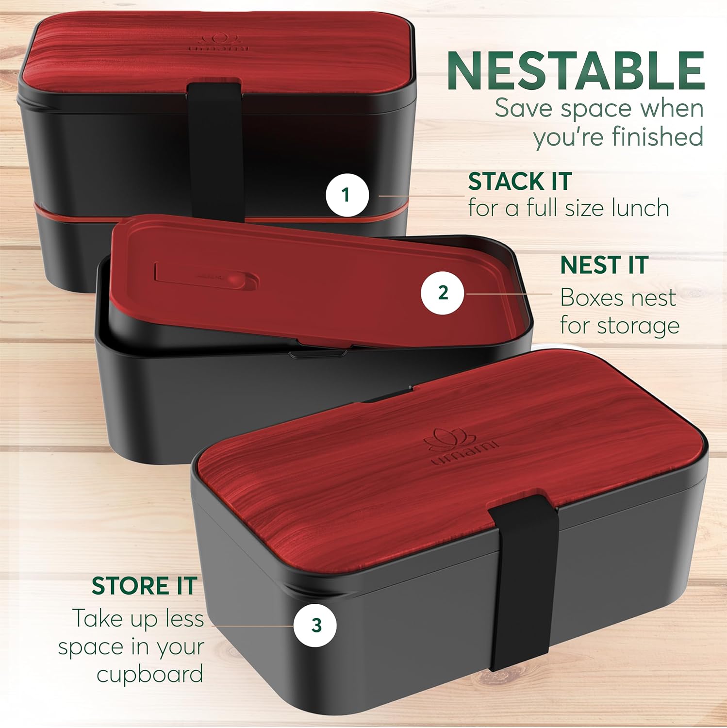 Umami Premium Lunch Box Containers w/ 4 Utensils, 2 Sauce Jars, Nestable Space-Saving Bento Box Adult, 100% Leakproof, Microwavable Lunch Containers for Adults, Rosewood Black, 50 oz