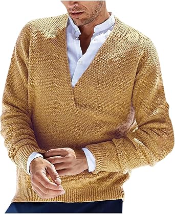 Mens Sweaters Vintage Fashion Long Sleeve Deep V Neck Casual Pullover Sweater Loose Fit Knitted Sweaters Fall