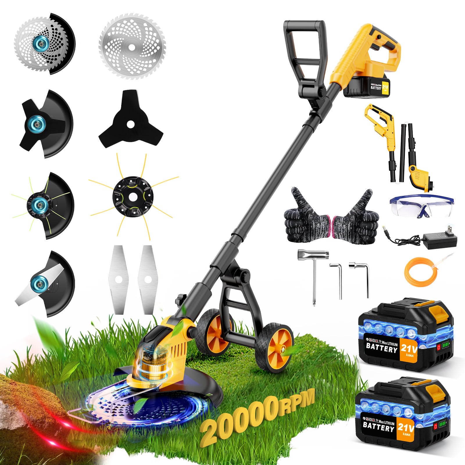 Cordless Trimmer with Wheels, 12" Electric Garden Strimmers with 2×3.0 Ah Batteries and Charger, Brushless Motor,4 in 1 Lightweight Lawn Strimmer Cordless for Lawn Mowing,Edging,Garden
