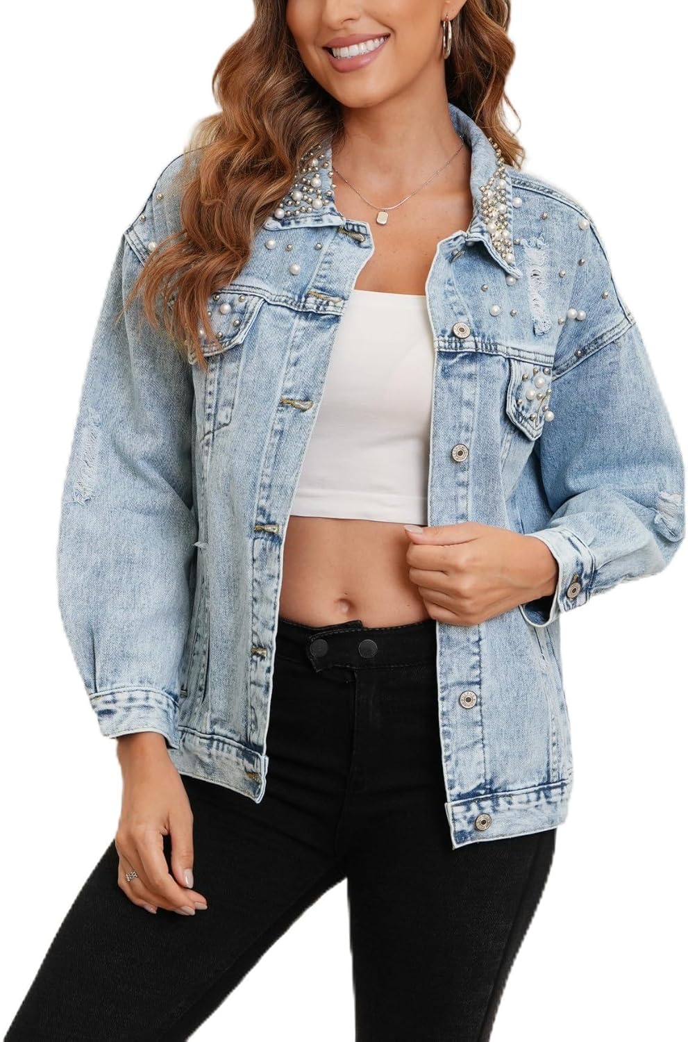 Kedera Pearl Beaded Denim Jacket for Women Button Down Oversized Jean Jacket Distressed Long Sleeves Cropped Casual Coat