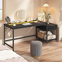 Vista 8 de Escritorio para juegos de 48.1 pulgadas con luces LED y tomas de corriente, escritorio reversible para computadora con cajones y estante, mesa