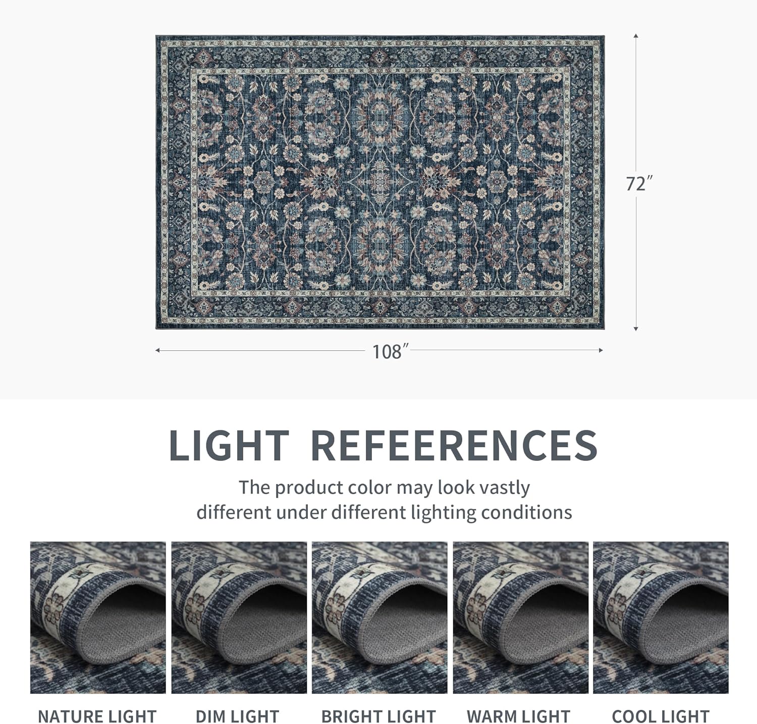 6x9 vintage washable area rug for living room,low pile non slip carpet non-shedding area rug soft indoor stain resistant rug floral print mat for bedroom dining room blue blue 6' x 9'