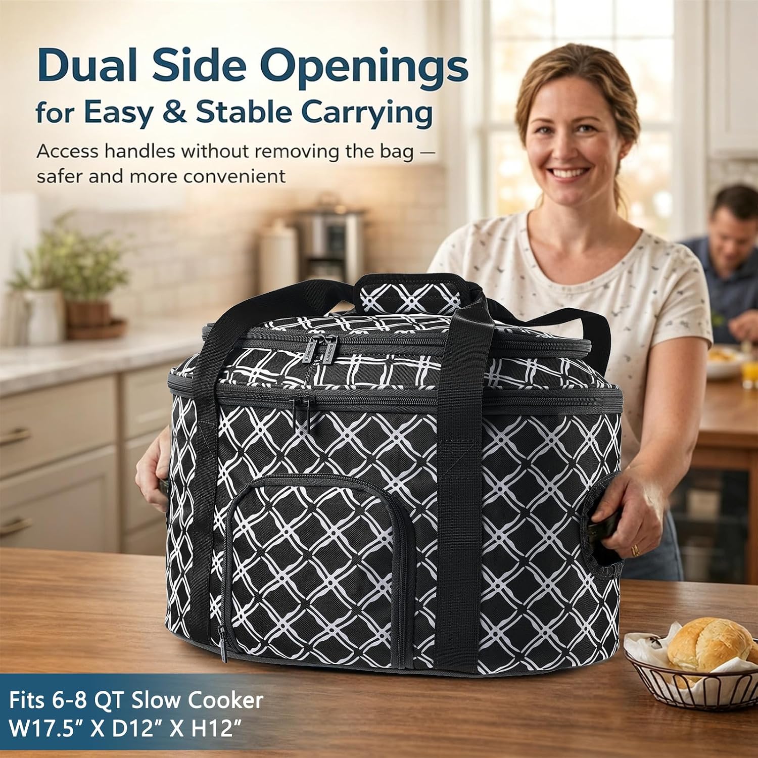 BAGSPRITE Double-layer Slow Cooker Carrying Case for Crock Pot 6-8 Quart, Insulated Crockpot Carrier with Adjustable Lid Straps,Portable Slow Cooker Travel Bag for Potluck, Parties, Family Gatherings
