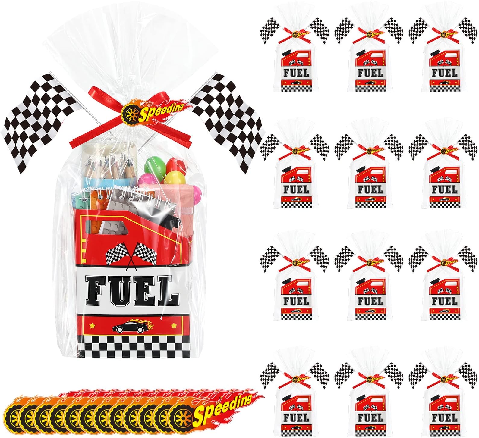 PerKoop 144 Pcs Racing Car Party Supplies Include 24 Racing Theme Gift Baskets Clear Plastic Bags Red Ribbons Gift Tags and 48 Checkered Flags Gift Basket Empty for Car Theme Birthday Party Favors