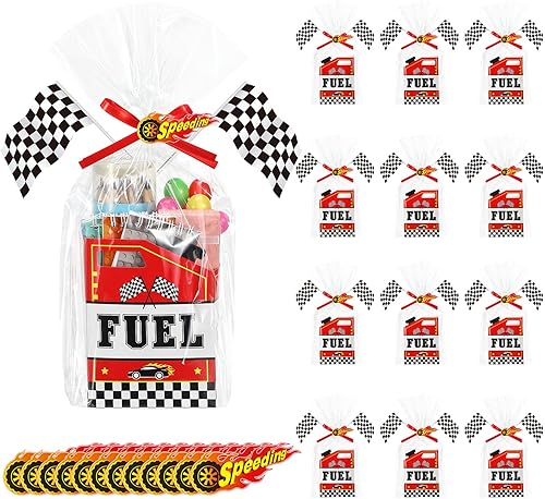 PerKoop 144 piezas de suministros para fiestas de autos de carreras, incluye 24 cestas de regalo temáticas de carreras, bolsas de plástico