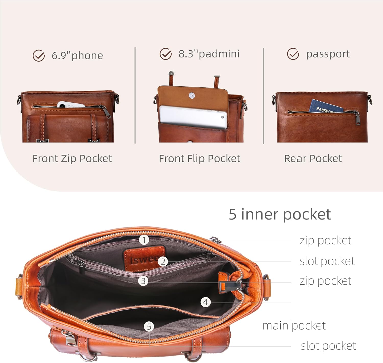 Iswee Soft Leather Crossbody Bags for Women Shoulder Handbags Multi Pocket Travel Purse with Adjustable Strap Medium Size - Image 6