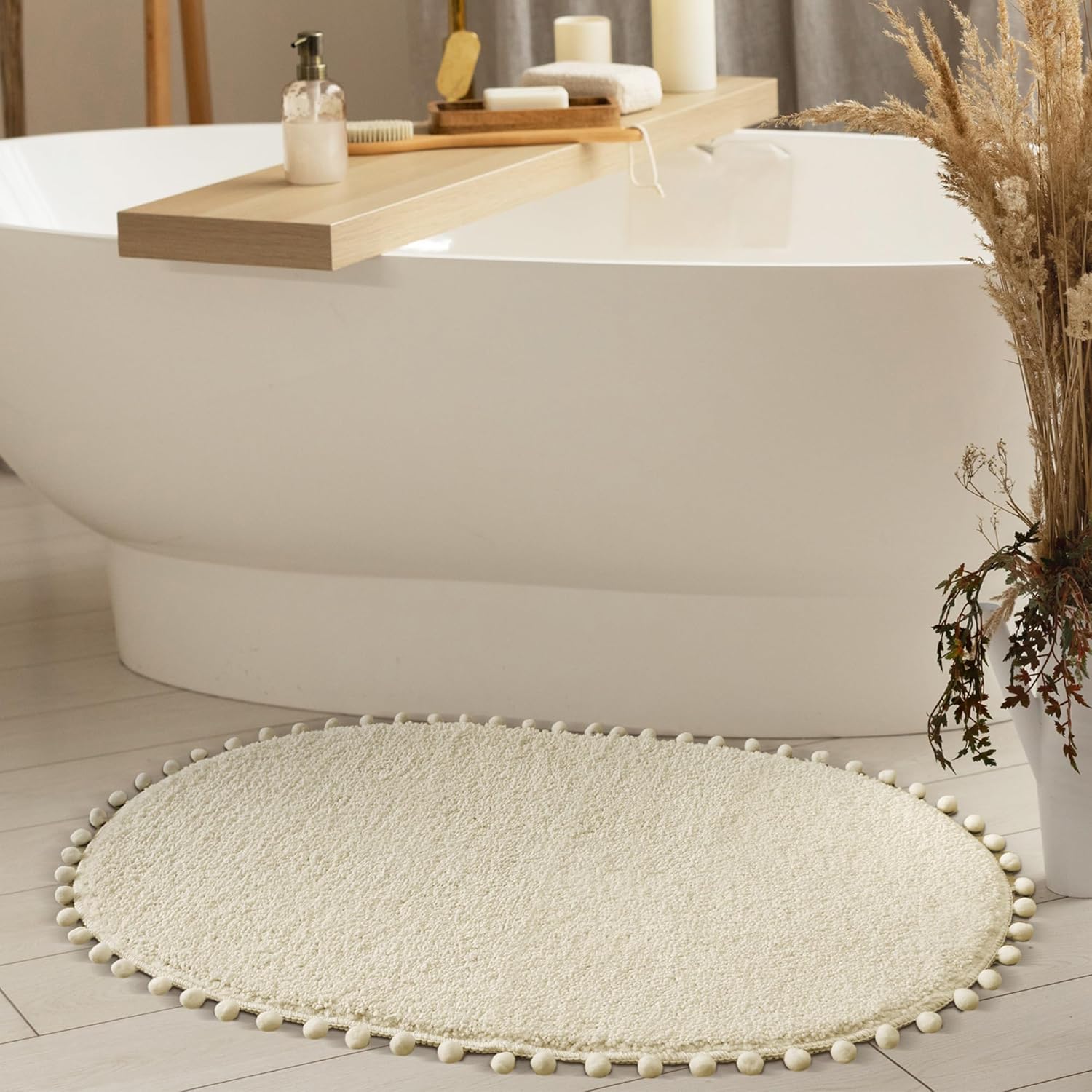 YIRDDEO Oval Bathroom Rugs Beige Rug with Pom Cream Bath Mat for Bedroom Non Slip Cute Boho Absorbent Mats Soft Plush Washable Rug (20x30 inches) - Image 9