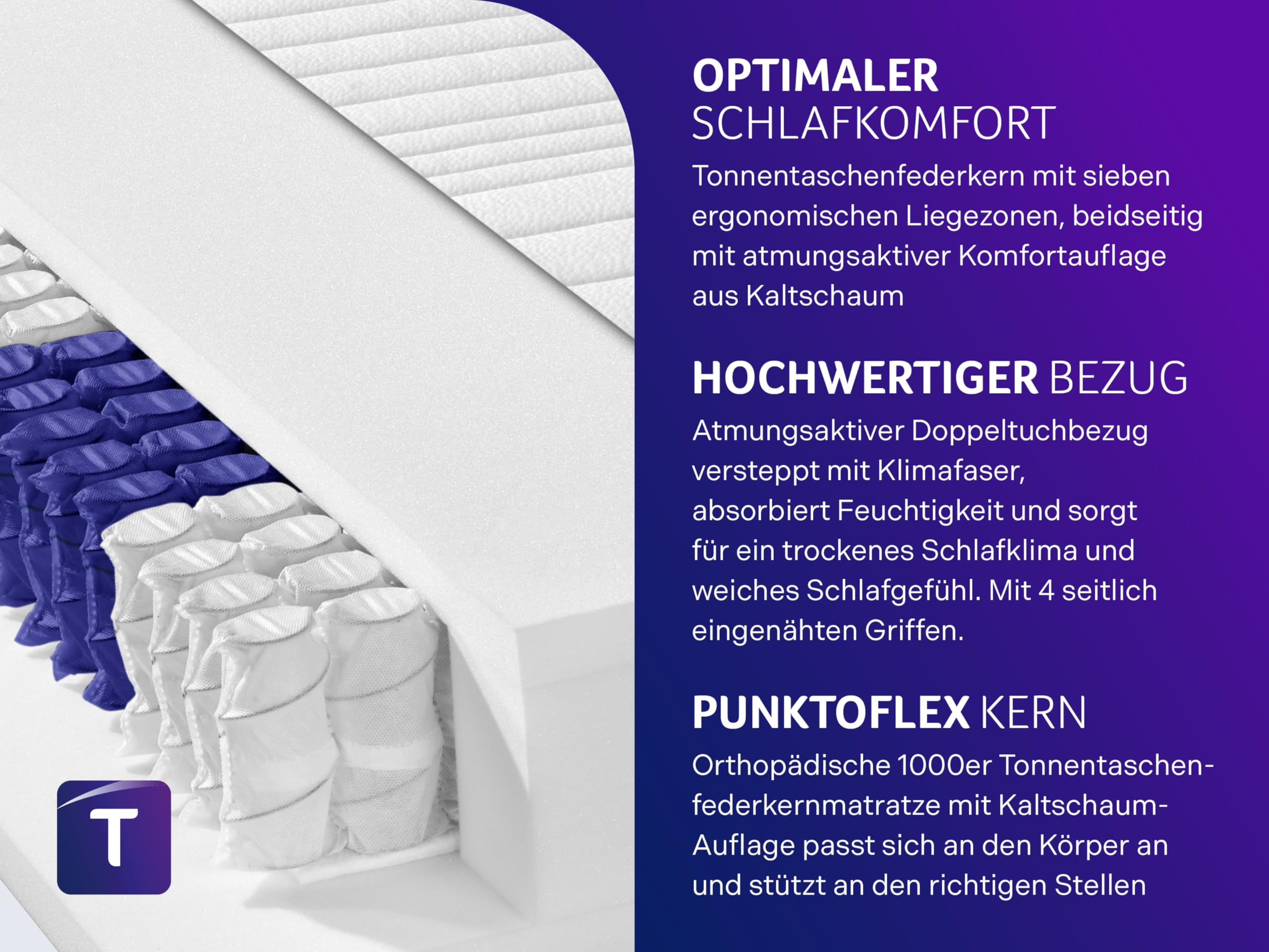 Traumnacht Exklusiv 7-Zonen 1.000er Tonnentaschenfederkernmatratze, Stiftung Warentest Testurteil Gut - Ausgabe 10/2023, 23 cm Premiumhöhe, Öko-Tex zertifiziert, Härtegrad 3 (H3), 90 x 200 cm