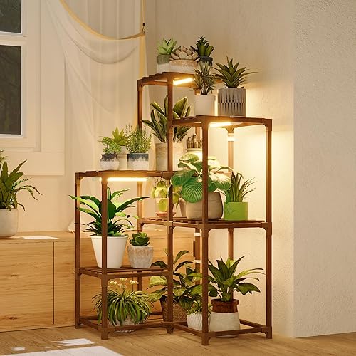 Bamworld Soporte para Plantas con Luz de Cultivo para Plantas de Interior Rincón de Crecimiento Estante para Plantas con Luces de Cultivo para
