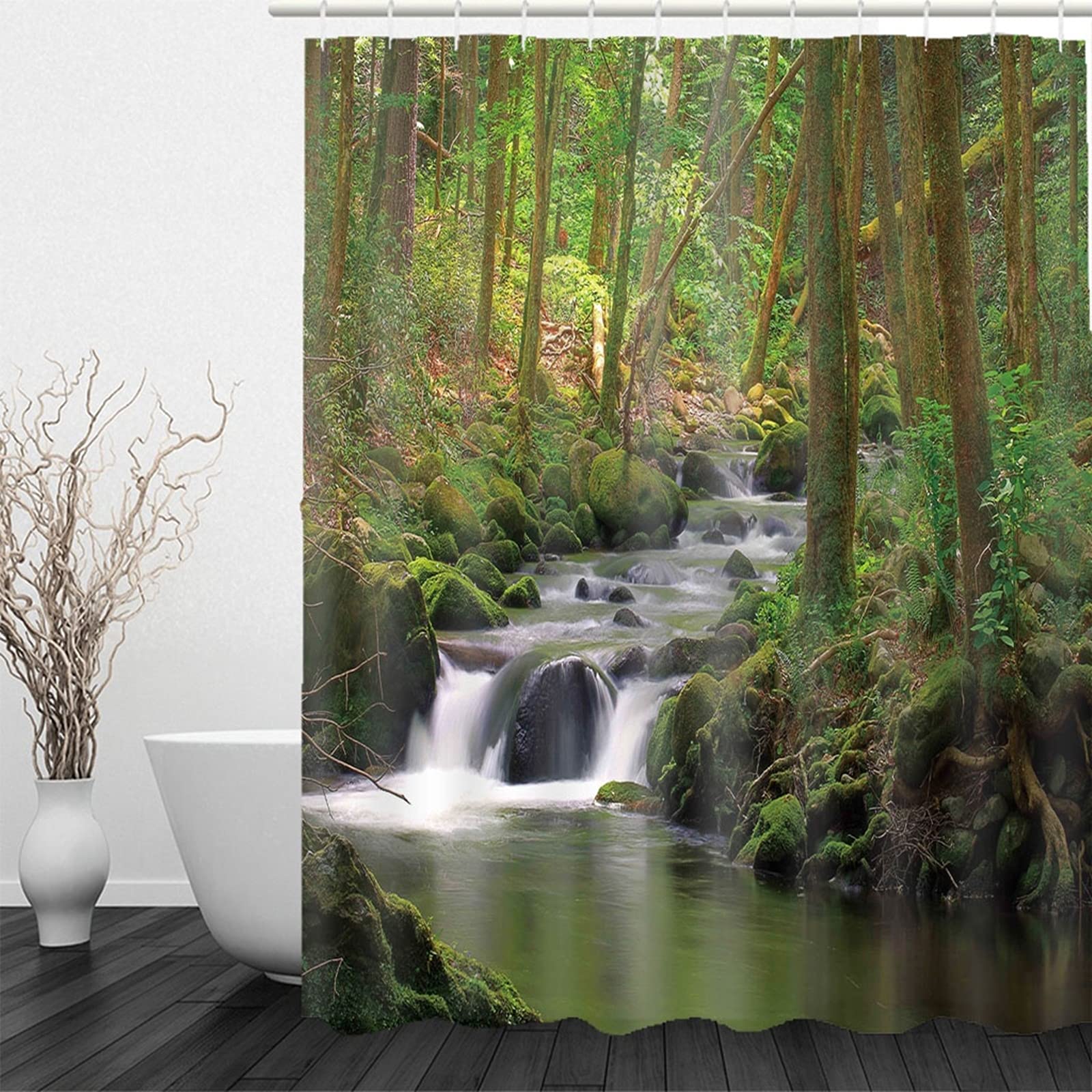 Tenda Da Doccia 3D Tende Da Doccia Con Paesaggio Alberi Della Foresta Piante Verdi Cascata Stampa 3D Bagno Impermeabile Decorazioni Per La Casa Vasca Da Bagno Tenda In Poliestere,120(W)×180(H)Cm