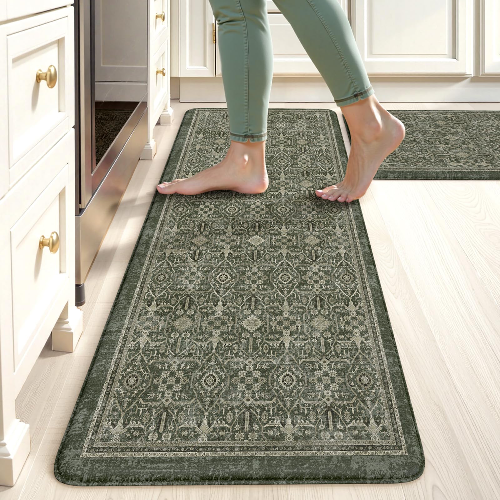 KIMODE Anti Fatigue Kitchen Mats for Floor Non Slip,Boho Farmhouse Kitchen Rugs Sets of 2,Memory Foam Standing Mat for Office,Waterproof Sink Rug for Laundry Office,Dark Green