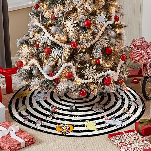 Miniatura 6 de Falda de árbol de Navidad de 48 pulgadas, falda de árbol de Halloween a rayas blancas y negras, decoración de árbol de Navidad