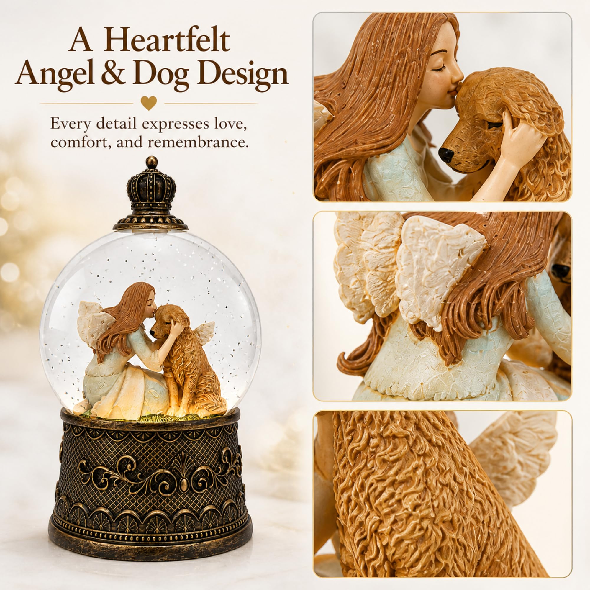 Boule à neige avec musique, boules à neige en forme de chien avec effets scintillants, alimentation USB/batterie avec minuterie de 6 heures, décorations de Noël (noir brossé doré)