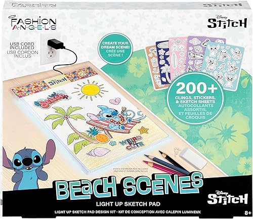 Vista 6 de Fashion Angels Disney Stitch Beach Scenes - Bloc de dibujo iluminado, kit de diseño con almohadilla de rastreo iluminada, 5 adhesivos de vinilo