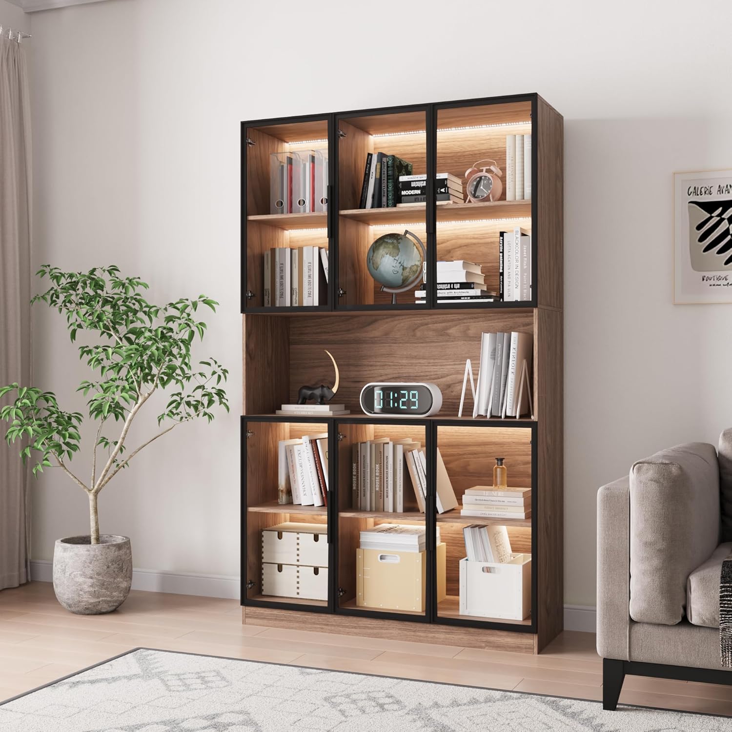 Bobve 78.7" H Display Cabinet with 6 Glass Doors and APP Control LED Lights,Storage Cabinets Modern Bookcase with Hutch for Collectible,Display Case/Glass Curio Cabinets for Living Room,Walnut