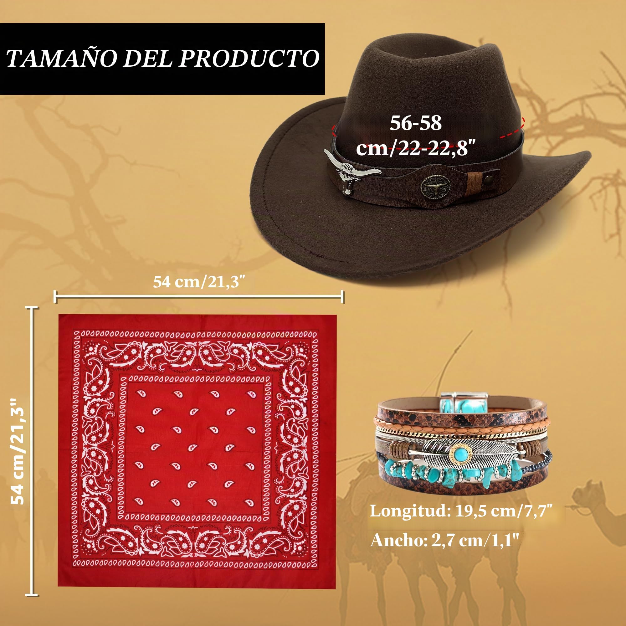Disfraz Vaquera Mujer, Disfraz Cowboy Adulta, Chaleco de Vaquera Hippie, con Pulsera Sombrero Bufanda