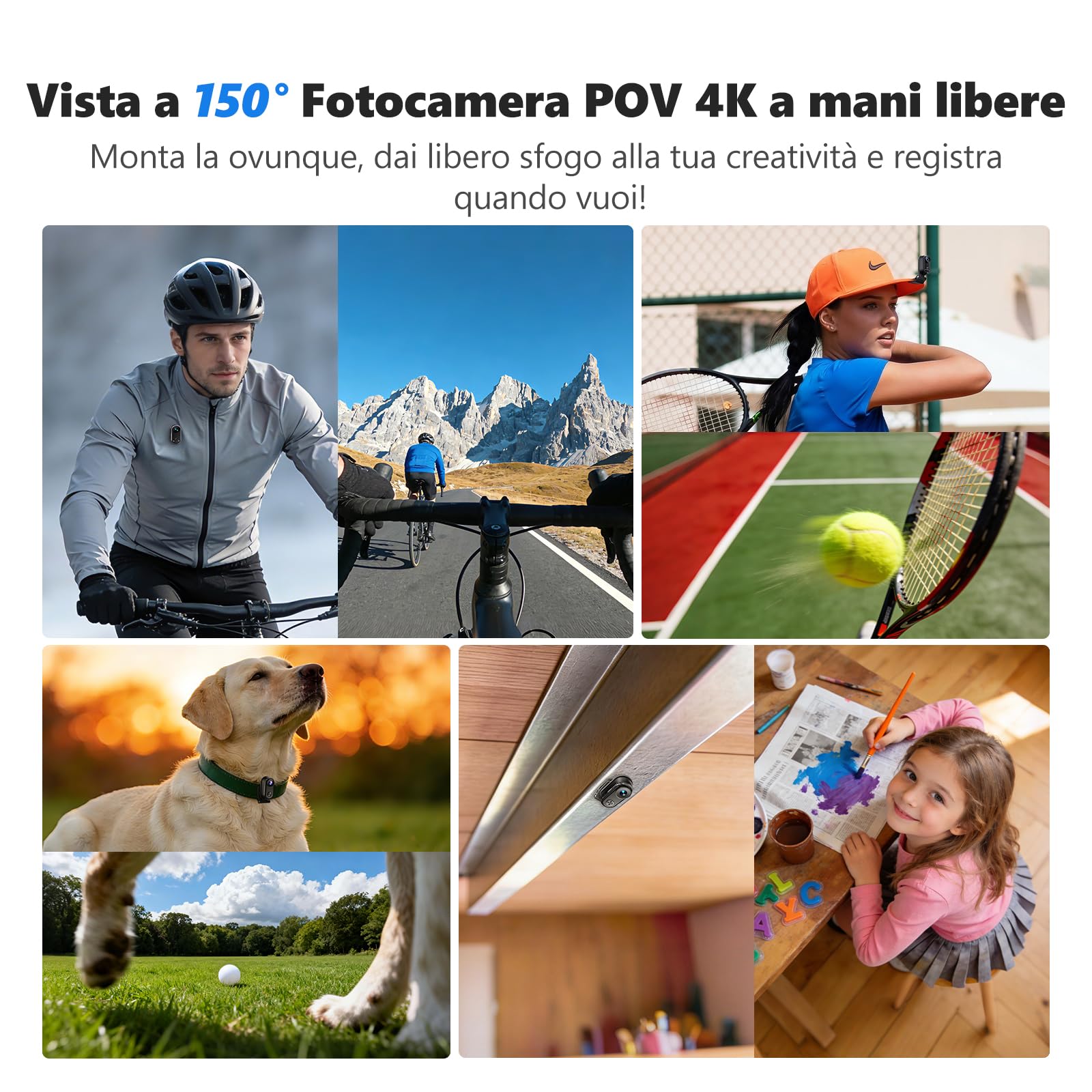 Camera Vlogging da 4K 30FPS, 64GB fotocamera POV portatile a mani libere, 150 ° action cam, impermeabile 30m, 6 assi stabilizzazione, mini telecamera Vlog, batteria da 4,5 ore, montala ovunque