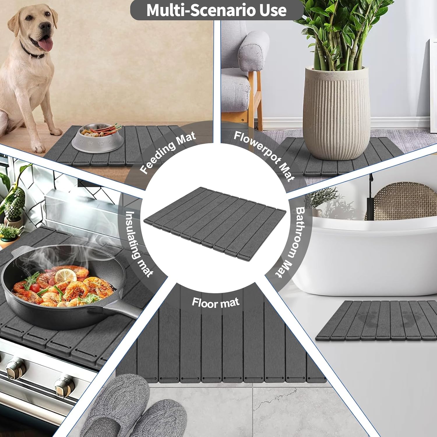 Stone Drying Mat for Kitchen Counter, Upgraded Seamless Dish Drying Mat - Foldable Stone Dish Mat, Diatomaceous Earth Kitchen Drying Mat for Any Countertop (Dark Gray, 22"X16")