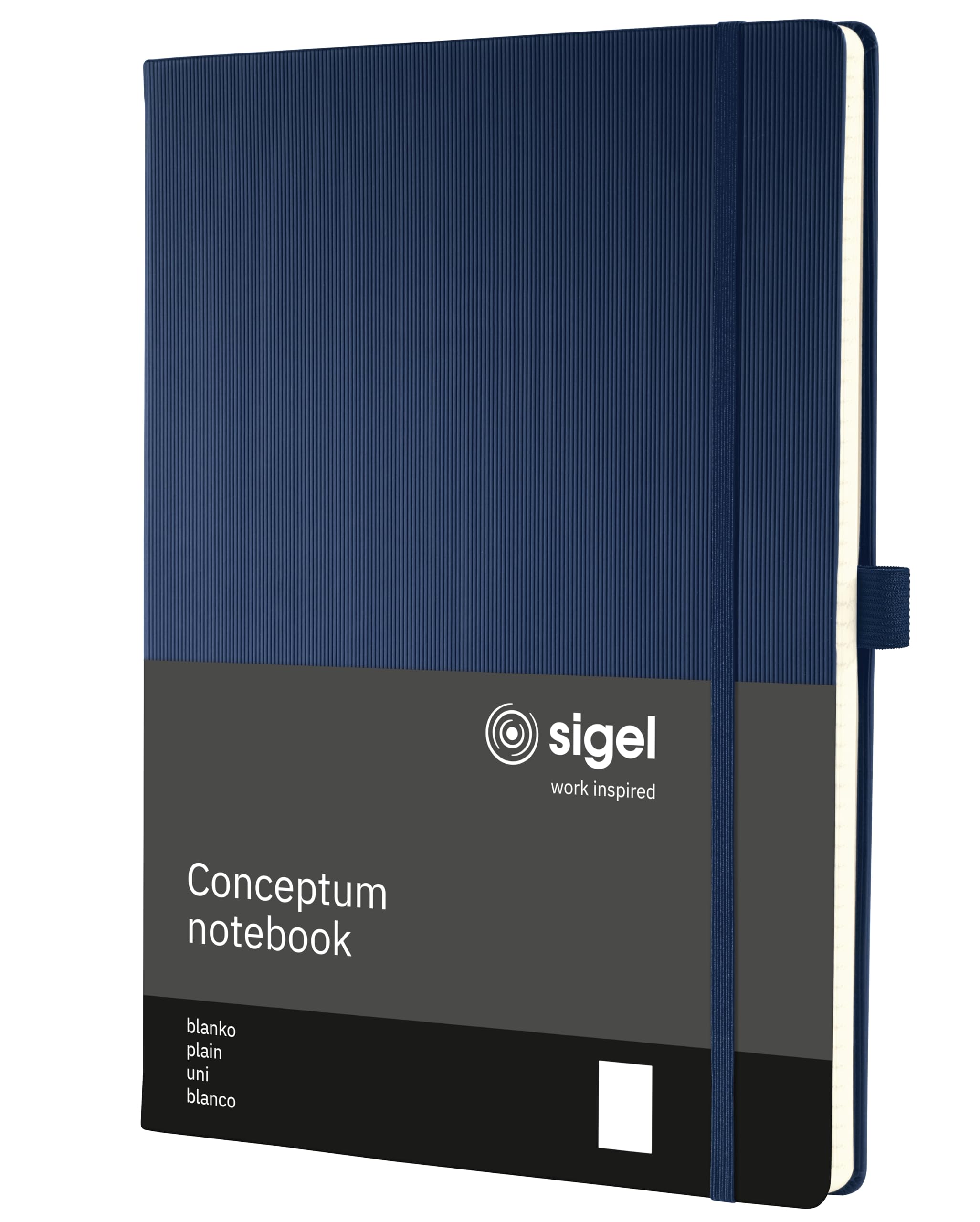 SIGEL CO684 Premium Notizbuch A4 blanko blau, Hardcover, 194 nummerierte Seiten, nachhaltiges Papier, mit Inhaltsverzeichnis, Stiftschlaufe, Falttasche, Gummibandverschluss, Conceptum
