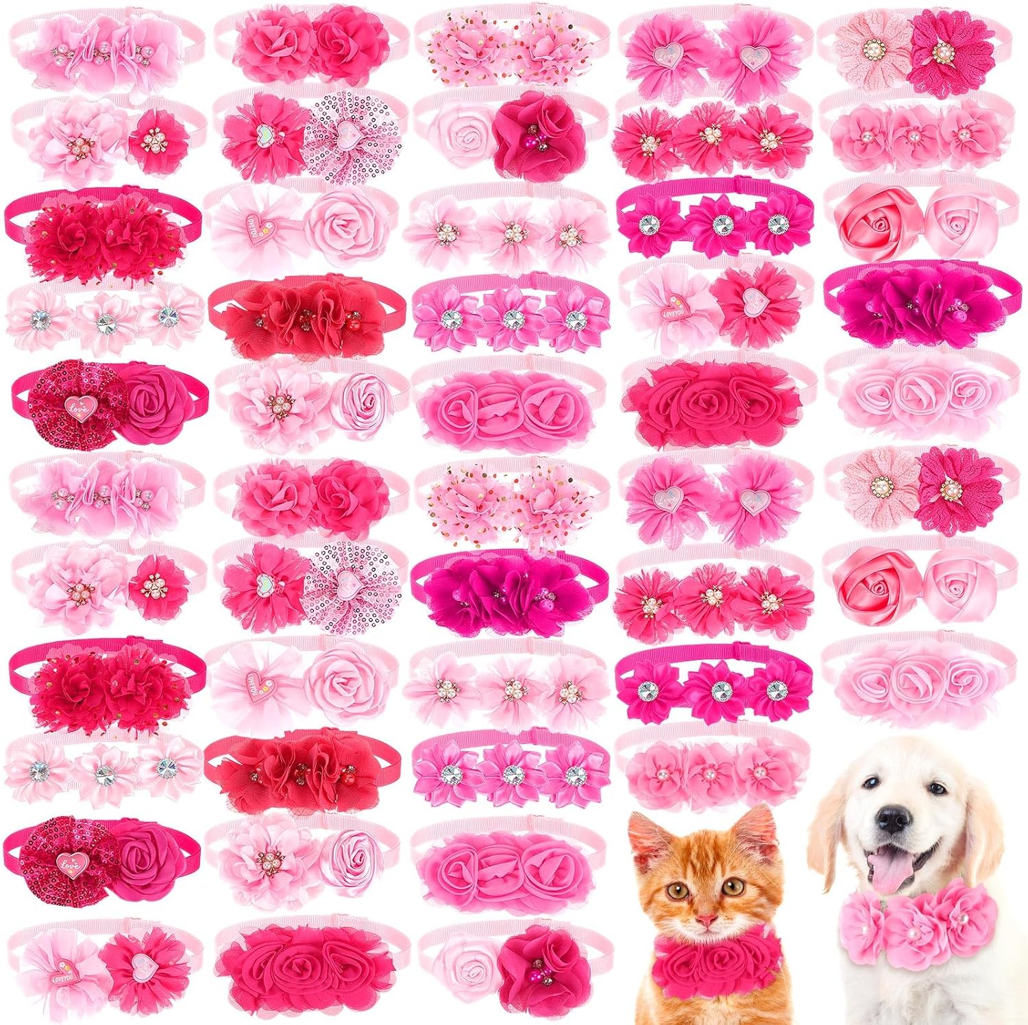 50 Pcs Flower Dog Bows Pink Collar Puppy Bows Pet Accessories for Small Medium Dogs Cat Puppy Bowties Pet Flowers Supplies Wedding Party(Pink)