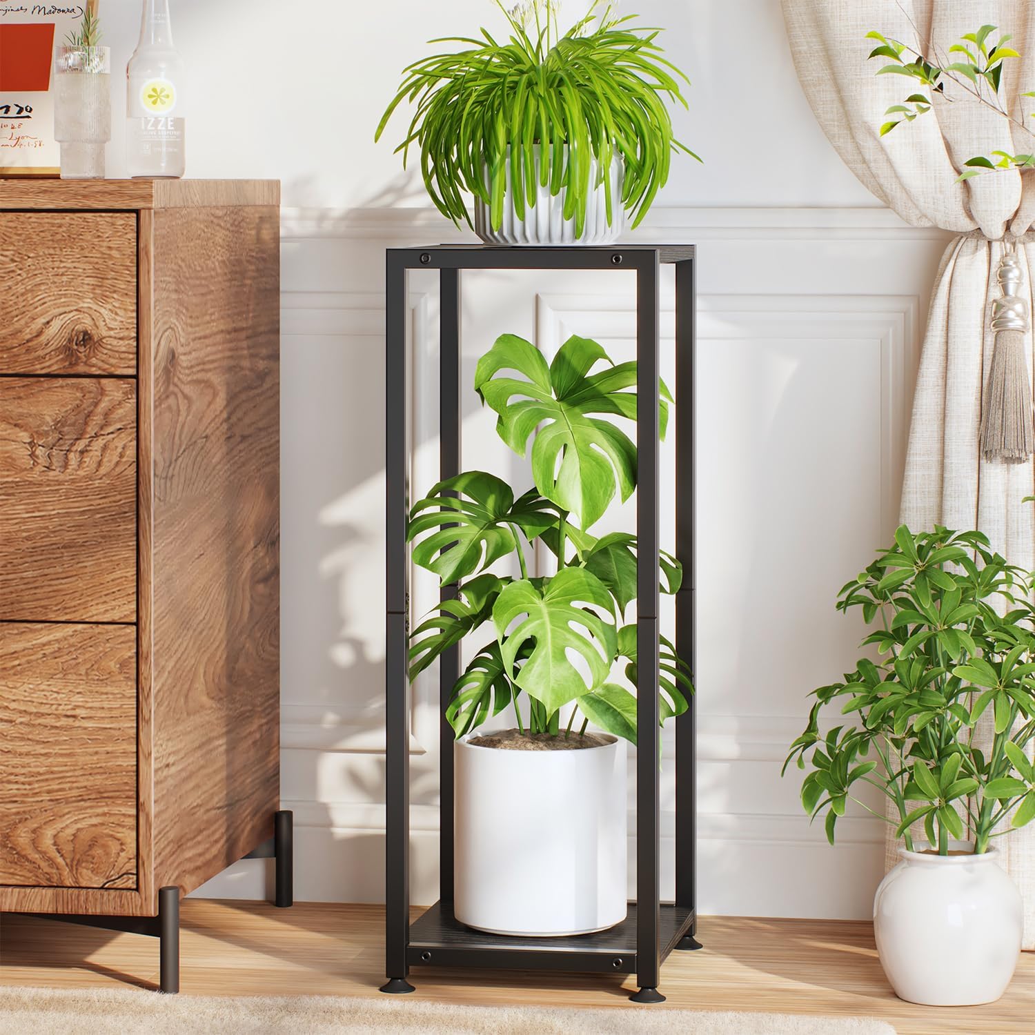 LASZOLA 2 Tier Plant Stand Tall for Indoor Corner, 30 Inch Wood Black