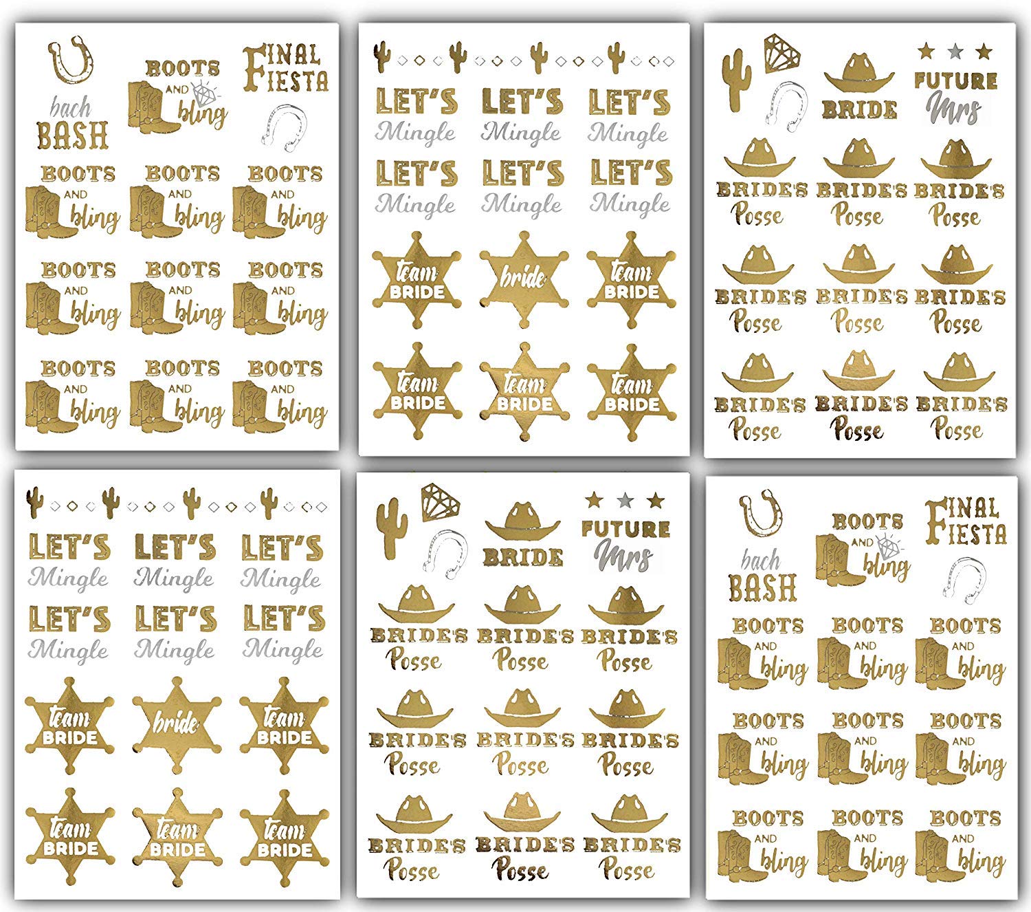 Western Bride Bachelorette Party Tattoos - 100 Team Bride Metallic Temporary Tattoos Gold (6 Sheets) Bachelorettesy Georgia