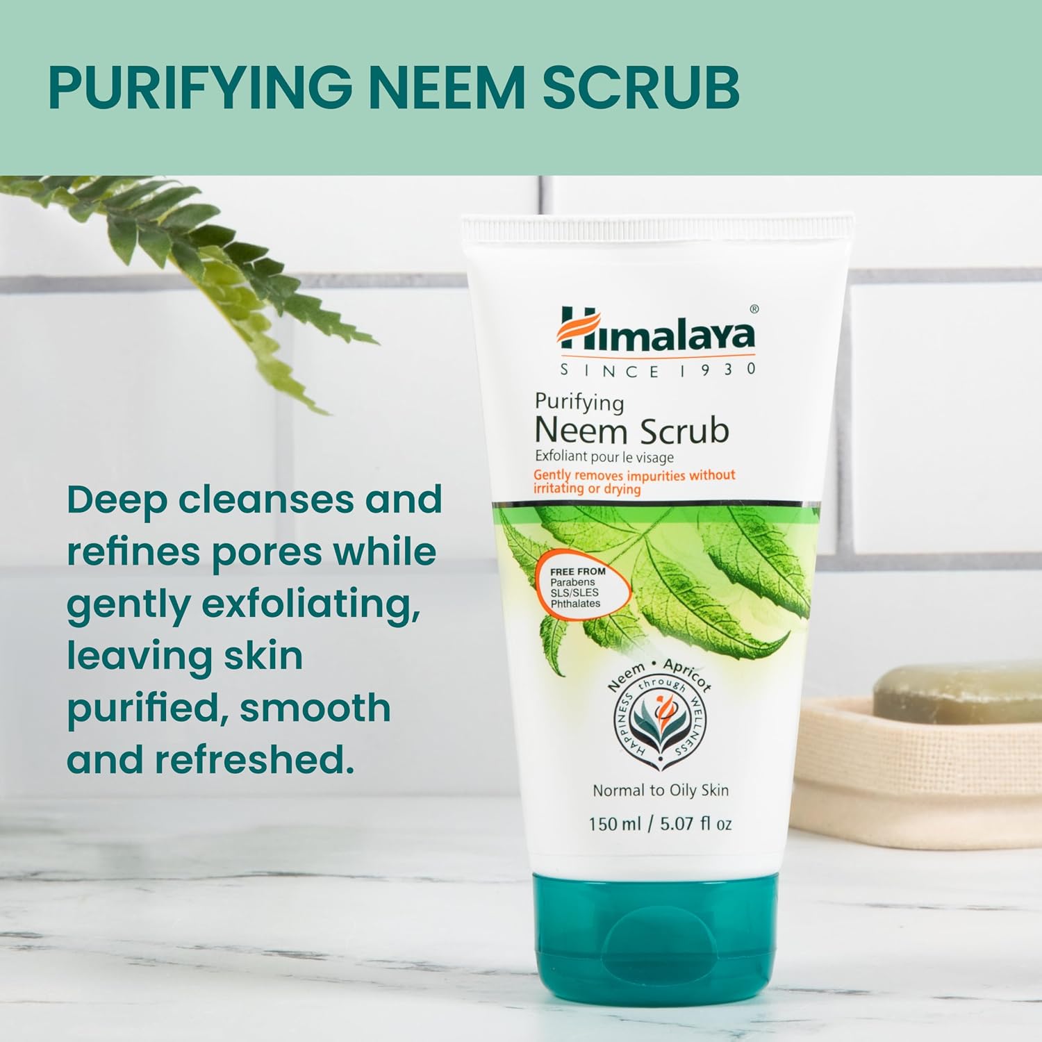 Himalaya Purifying Neem Scrub with Neem and Apricot, For Normal to Oily Skin, Free from Parabens, SLS, and Phthalates, Dermatologically Tested, 150 ml (5.07 oz)