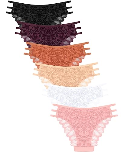 READY TO LOVE Cheeky Underwear Women Pack Lace Bikini Panties Sexy Breathable Stretch Ladies Hipster - Black/Purple/Caramel/Skin Tone/White/Pink - Small