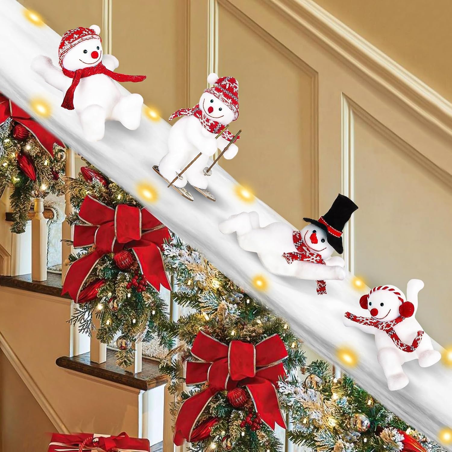QEQEKAKA Snowman Christmas Staircase Decorations Set Banister Christmas Decorations with 4PCS Skiing Snowman & Artificial Snow & LED Lamp Belt, for Home Interior Stairs Decor