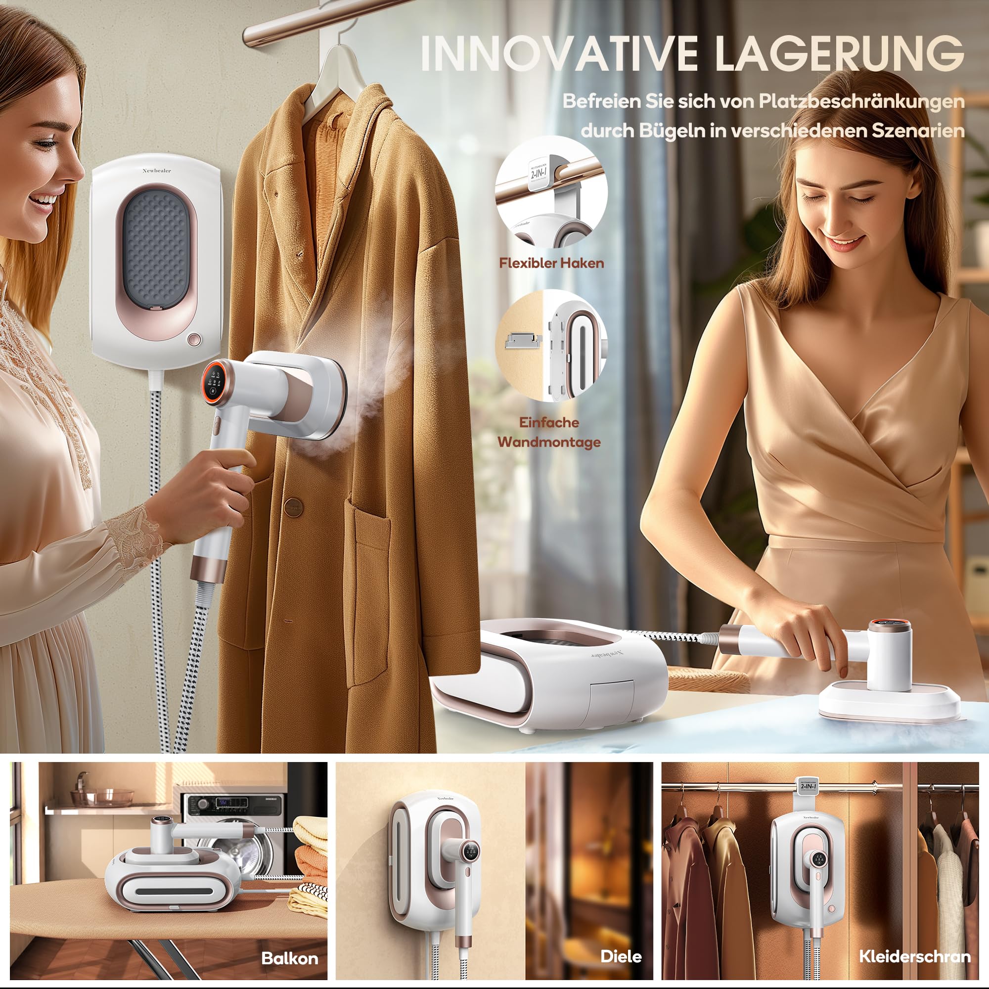 Newbealer Dampfbügelstation, 1600W Bügelstation für Kleidung, 3 Dampfstufen Dampfbügeleisen, 30s Schnelles Aufheizen Bügeleisen, 1,2L abnehmbarer Wassertank, Platzsparendes Design mit Wandmontage,Gold