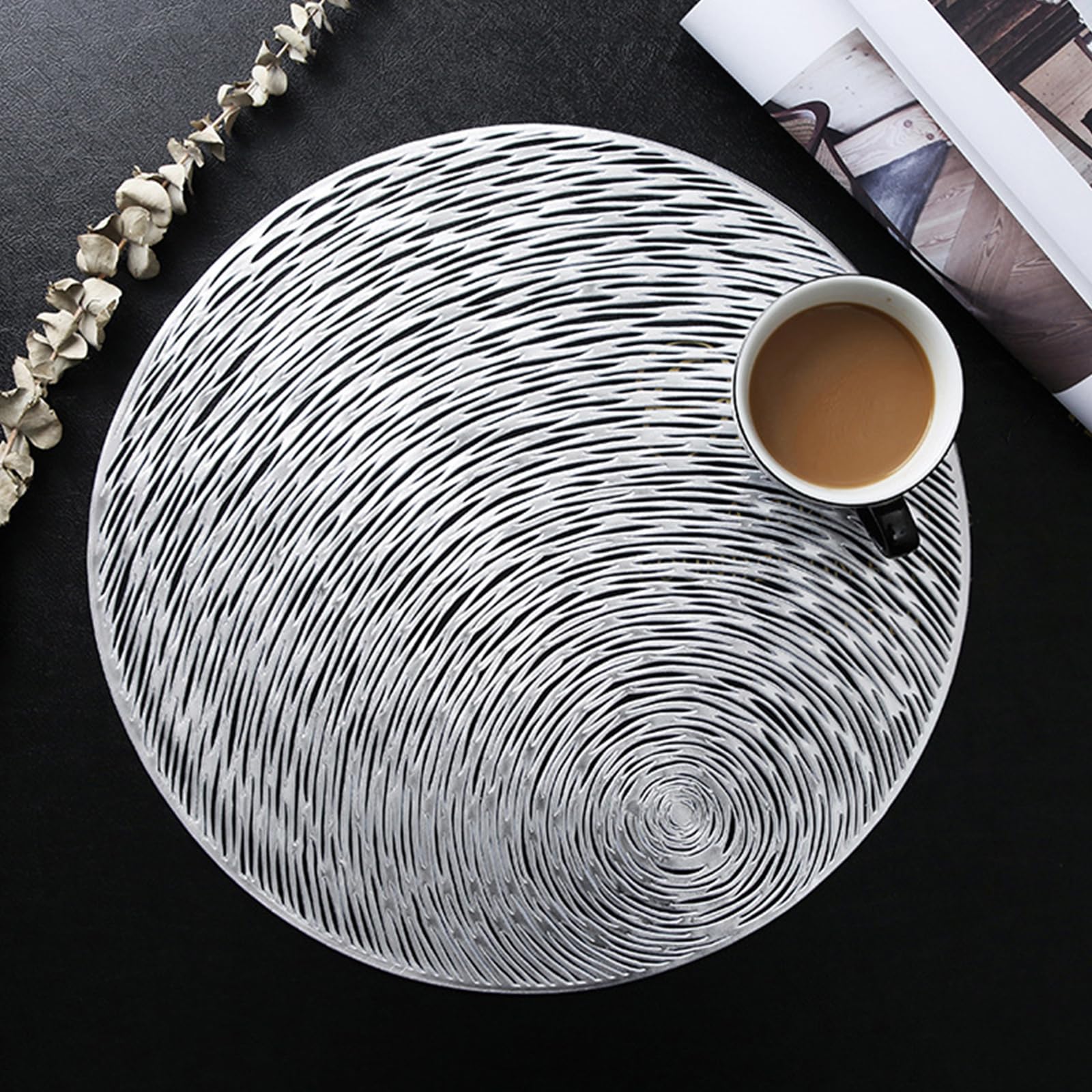 Starry Sky Round Placemats Vinyl Slip Resistant Table Mats Set of 4 Washable Indoor/Outdoor Vinyl Hollowout Fireworks Placemats for Dining Table Durable PVC Table Mats（15 x15,Silver）