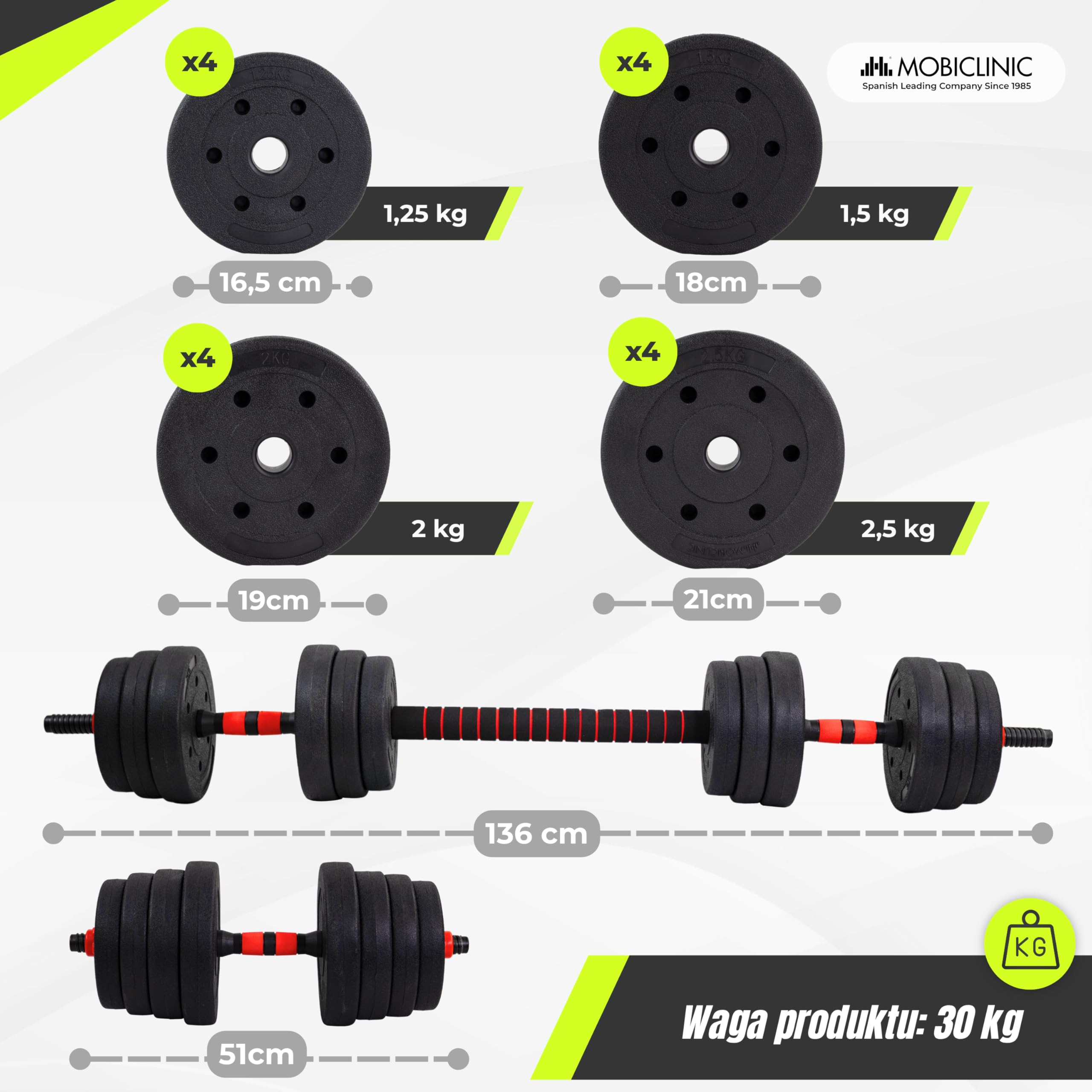 Mobiclinic®, Regulowane Hantle 30 kg, 2 w 1, Zestaw Ciężarków, Hantle, Drążek Łączący, Przenośny, Uchwyt Antypoślizgowy, Maxifit, Siłownia Domowa, Fitness