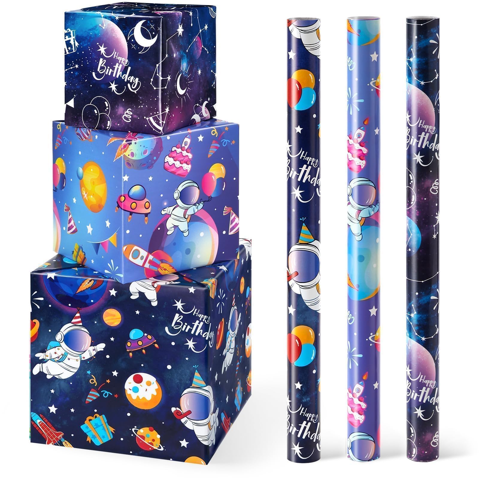 WERNNSAI Weltraum Geschenkpapier – 3 Rolle Bluey Star Geschenkpapier Einschulung Junge Kinder Astronaut Schulanfang Geschenk Verpackung Planet Geburtstagsparty Dekoration 43cm x 3m
