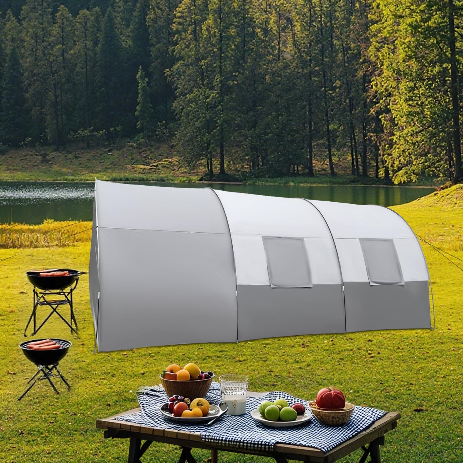 Tente tunnel spacieuse pour 6 personnes avec auvent, tapis de sol, moustiquaire et sac de transport, tente familiale étanche pour camping, festivals et voyages, 350 x 480 x 206 cm