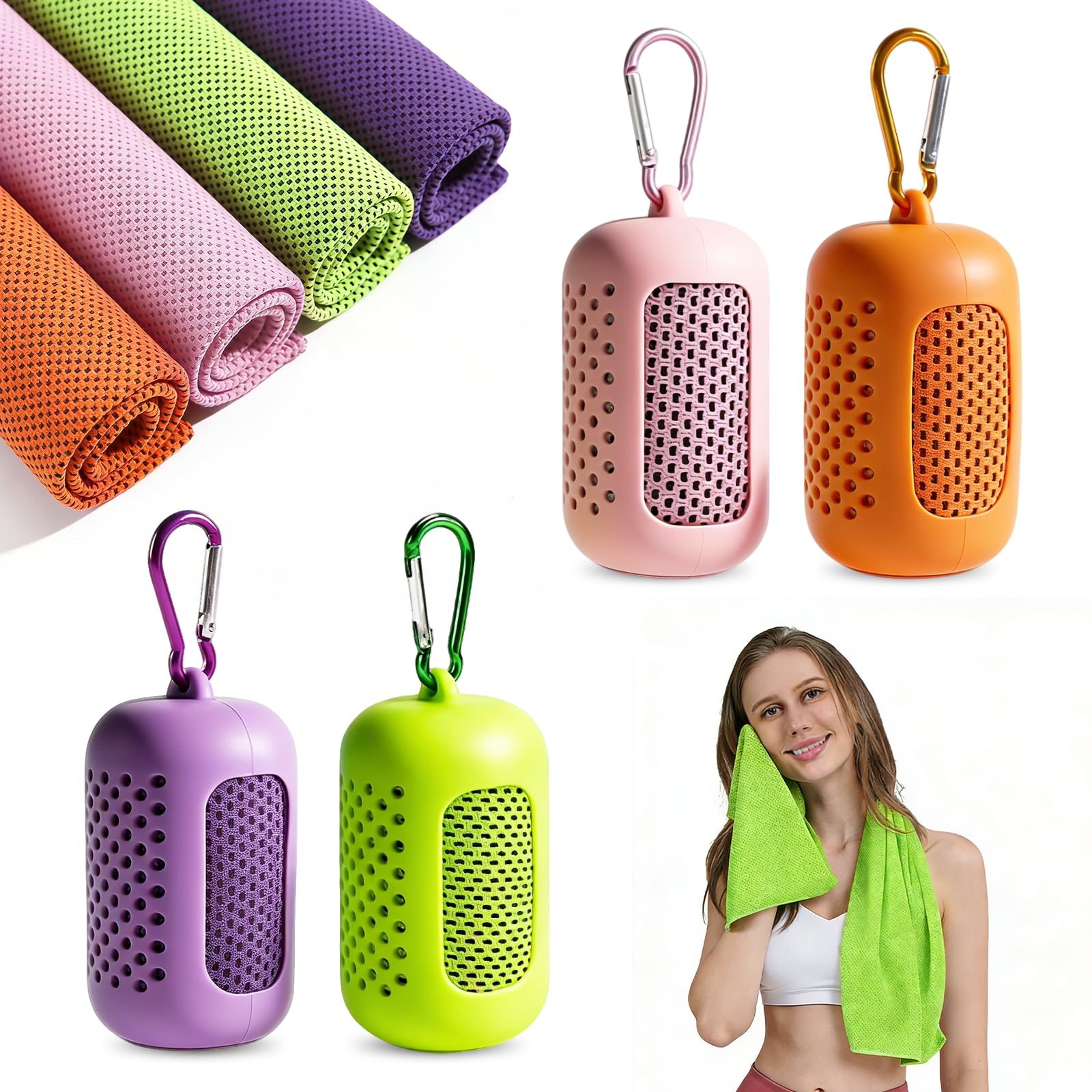 Serviette Rafraîchissante 4 Pièces,Cooling Towel Serviette Froide Microfibre Séchage Rapide,Refroidissement Instantané,Serviette Sport Fitness Yoga Running 30x90 cm avec Étui Silicone