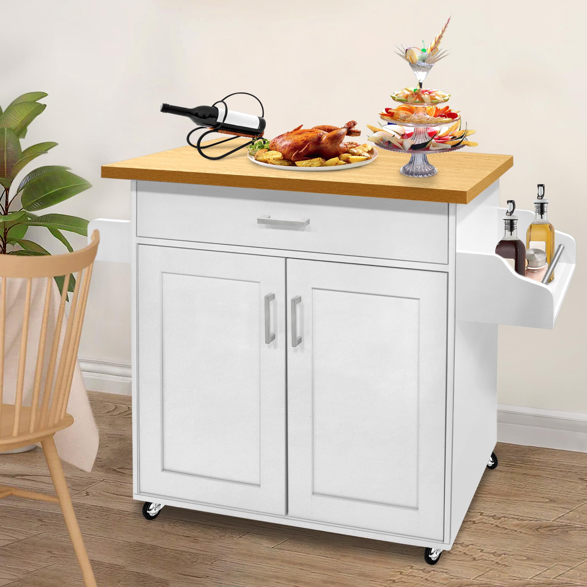 UISEBRT Carrello da cucina con piano di lavoro, isola da cucina in legno, mobile da cucina su ruote, carrello da portata con cassetto e ripiano, carrello da cucina in stile rustico, bianco